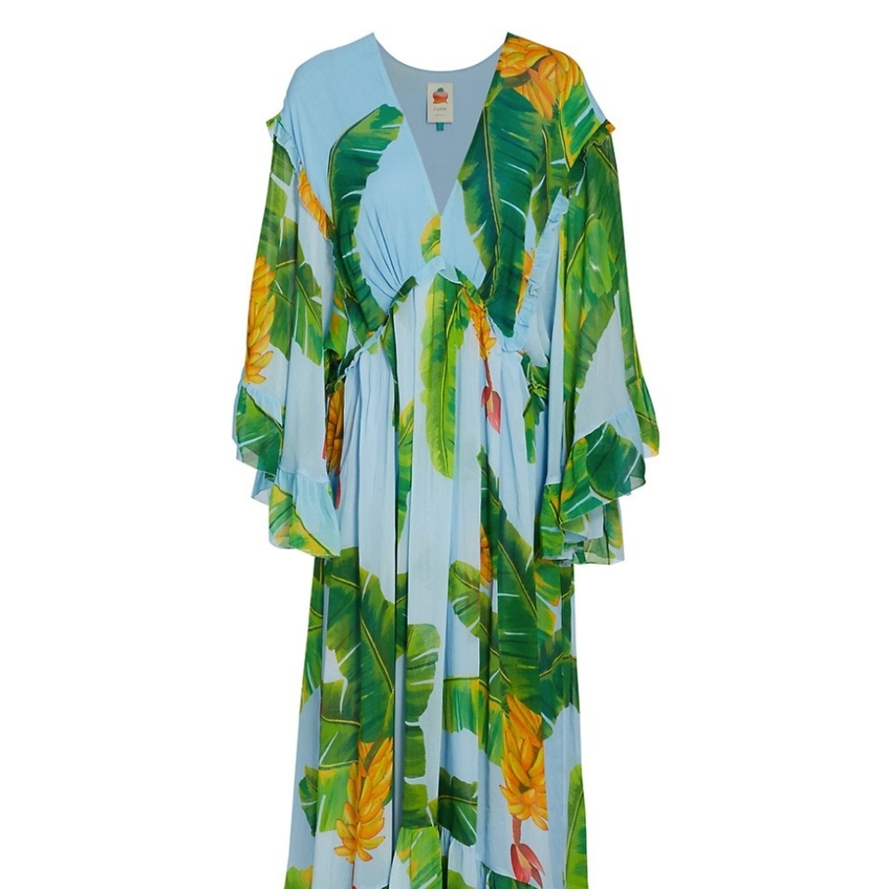 Farm Rio Maxi Dress Blue Fresh Bananas Size Large
